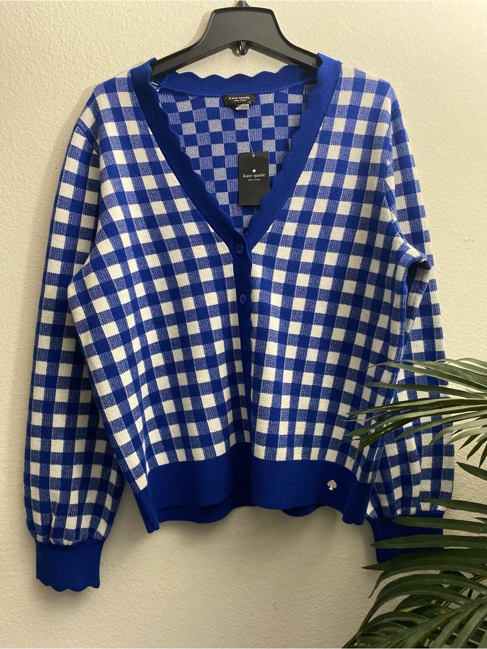 kate spade Blue & White Gingham V‑Neck Scallop-Trim Cardigan